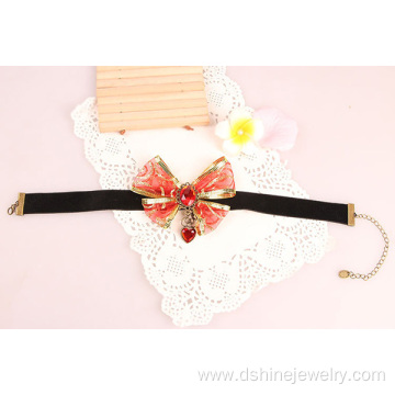 Red Gems Bowknot Gold Velvet Lace Necklace